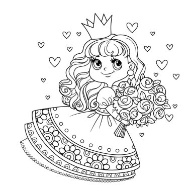 Cute princess in lush dress holding a large bouquet of roses outlined for coloring book