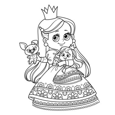 Oyuncak bebeği ve boyama kitabı için çizilmiş yumuşak oyuncak domuzu olan tatlı sarışın prenses.