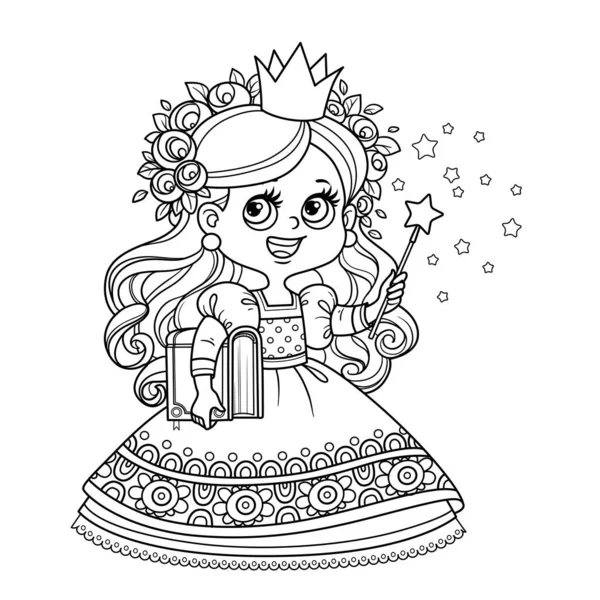 Cute Princess Book Hand Magic Wand Outlined Coloring Book — Stock Vector