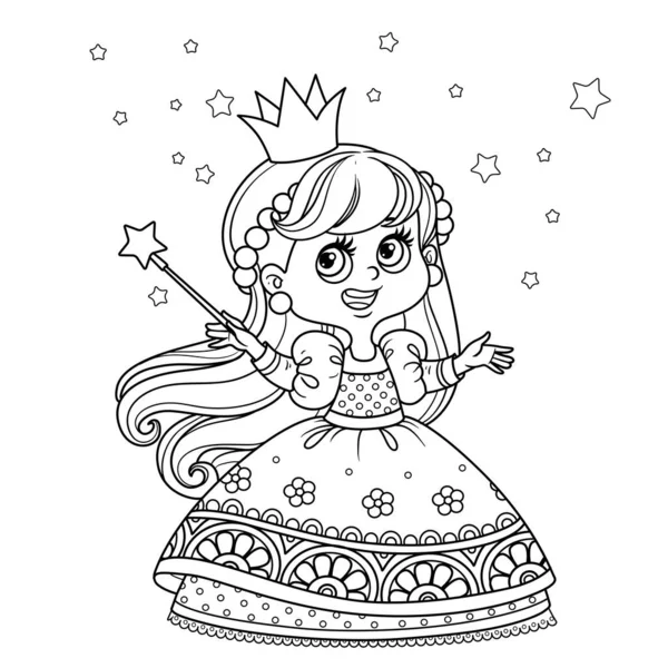 Princesse Mignonne Avec Une Baguette Magique Esquissée Pour Livre Coloriage — Image vectorielle