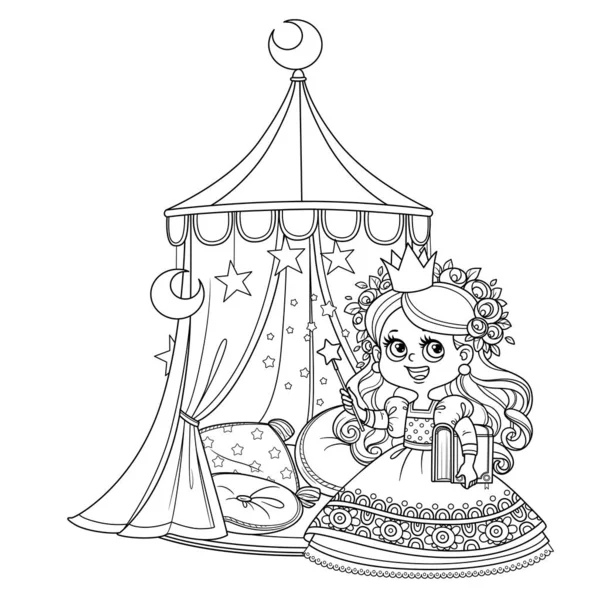 Cute Princess Book His Hands Tent Pillows Outlined Coloring Book — Stock Vector