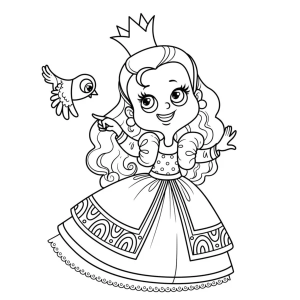 Cute Princess Ball Dress Small Bird Outlined Coloring Book — Stock Vector