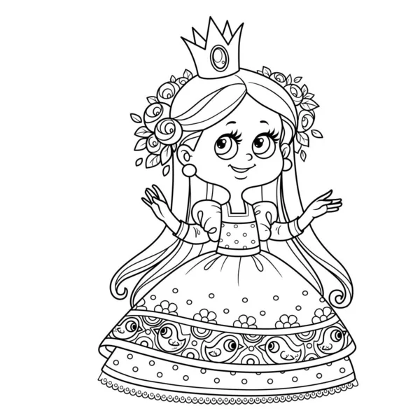 Princesse Mignonne Robe Bal Avec Couronne Roses Esquissée Pour Livre — Image vectorielle