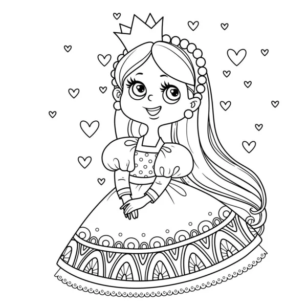 Princesse Mignonne Robe Bal Entourée Cœurs Esquissés Pour Livre Colorier — Image vectorielle