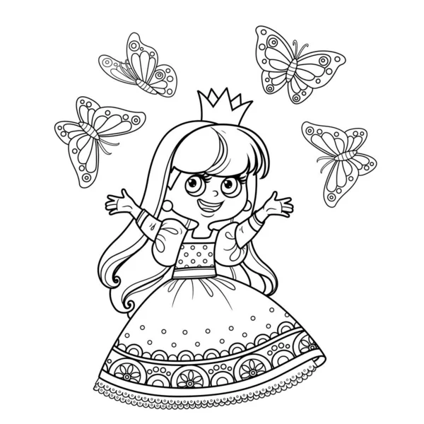 Roztomilá Princezna Kouli Šaty Obklopené Motýly Obrysu Pro Omalovánky — Stockový vektor