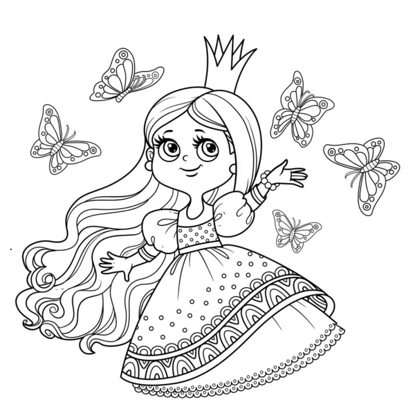 Cute Princess Ball Dress Surrounded Fluttering Butterflies Outlined Coloring Book — Stock Vector