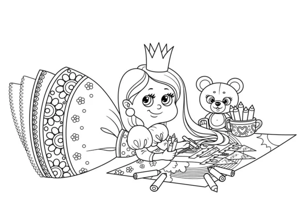 Leuke Cartoon Prinses Tekent Met Gekleurde Potloden Liggen Vloer Geschetst — Stockvector