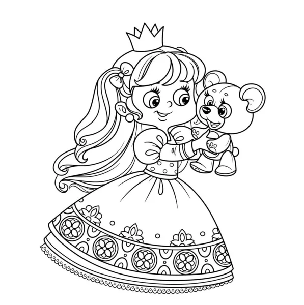 Linda Princesa Rubia Jugando Con Oso Peluche Delineado Para Colorear — Vector de stock