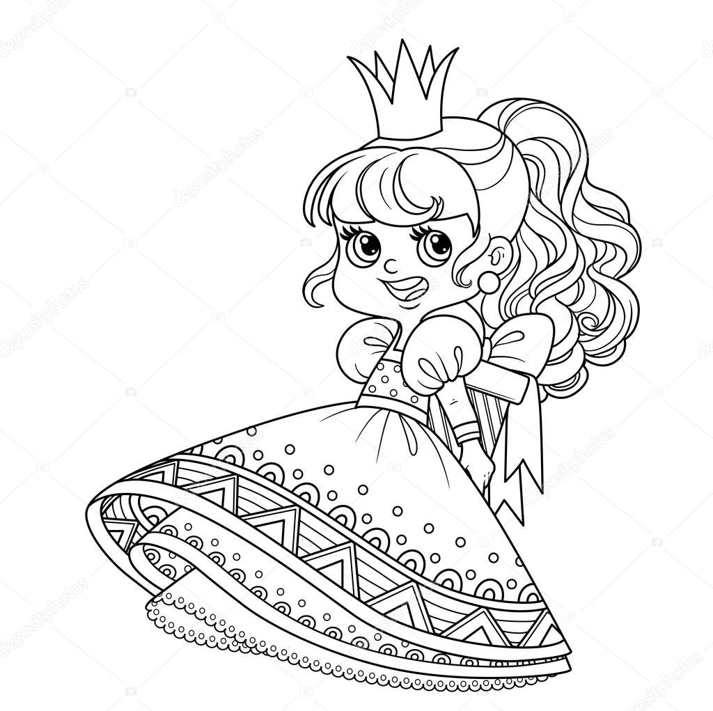 Cute princess in ball dress holding a gift behind her back outlined for coloring book
