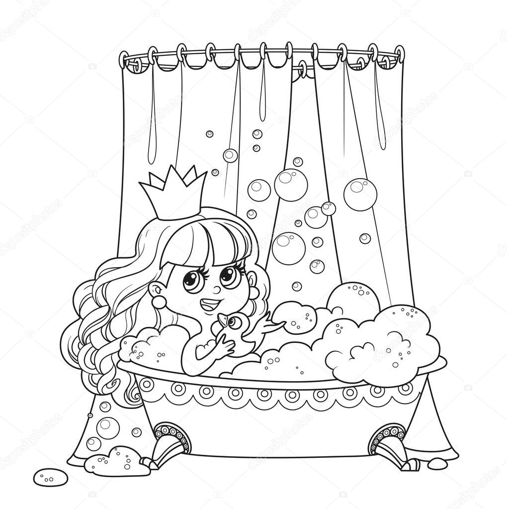 Cute brunette princess taking bath with a duck outlined for coloring book