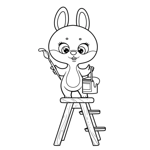 Cute Cartoon Little Rabbit Stands Ladder Holds Bucket Paint Brush — Stock Vector