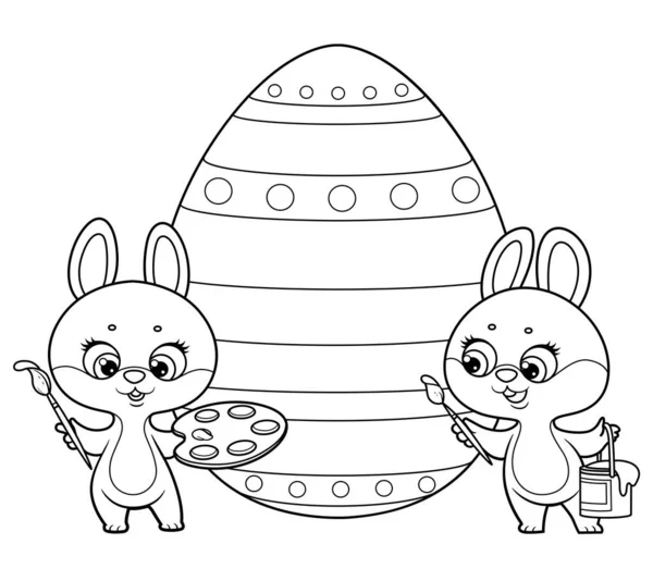 Två Söta Tecknade Små Kaniner Med Färger Och Penslar Färg — Stock vektor