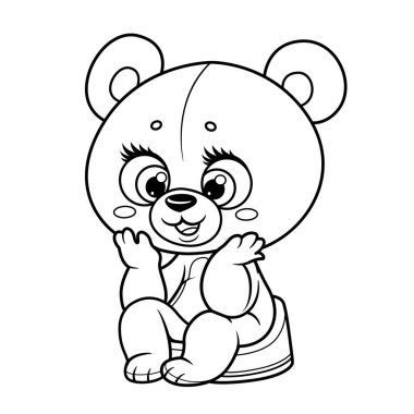 Beyaz bir arka planda resim çizmek için çanağın üzerinde oturan sevimli küçük oyuncak ayı.