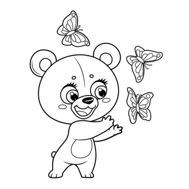 Sevimli küçük oyuncak ayı, beyaz arka planda çizim yapmak için çizim yapan kelebekleri yakalıyor. 