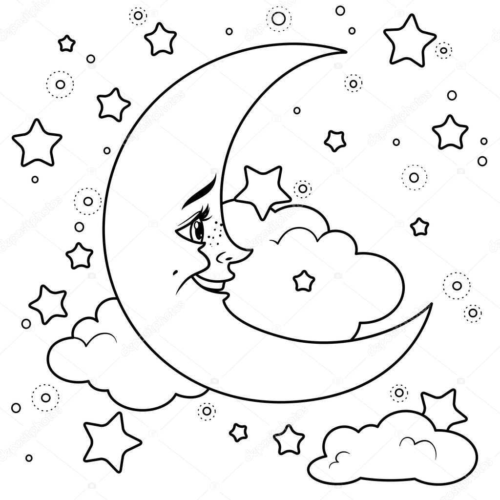 Cartoon smiling moon with clouds outlined for coloring on a white background