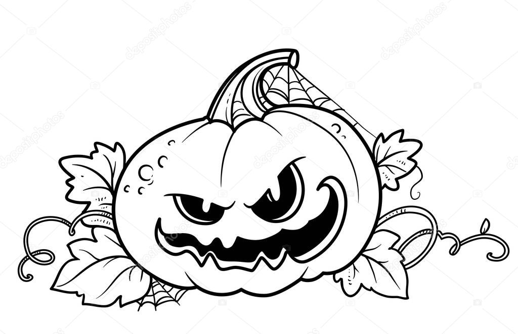 Terrible lantern from pumpkin with the cut out of grin, mustache and leaves entangled in cobwebs outlined for coloring page
