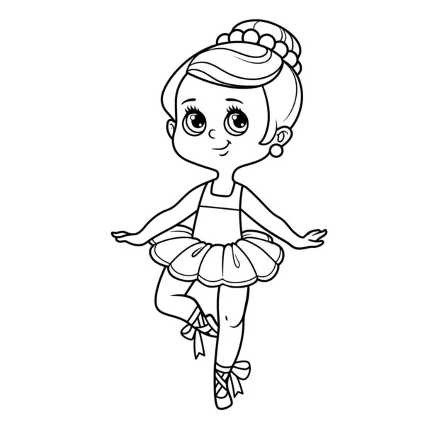 Cartoon Ballerina Girl Lush Tutu Dancing One Leg Outlined Coloring — Stock Vector