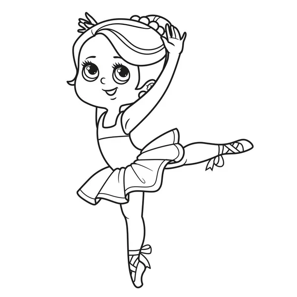 Cute Cartoon Little Ballerina Girl Dancing One Leg Outlined Coloring — Stock Vector