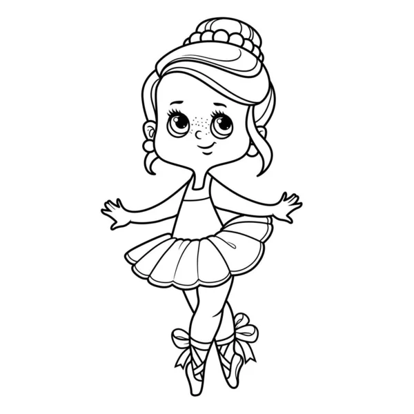 Cute Cartoon Little Ballerina Girl Dance Lush Tutu Outlined Coloring — Stock Vector