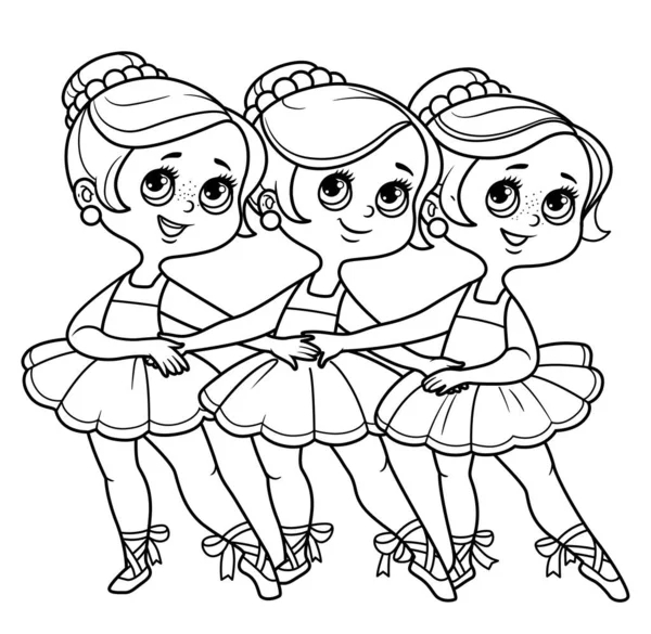 Three Cartoon Girls Ballerinas Dancing Dance Little Swans Outlined Coloring — Stock Vector