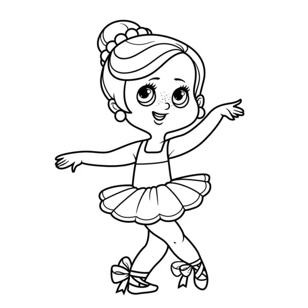 かわいい漫画小さなバレリーナの女の子ダンスで緑豊かなチュチュとポイントで概説されている着色のために白の背景に孤立 — ストックベクタ