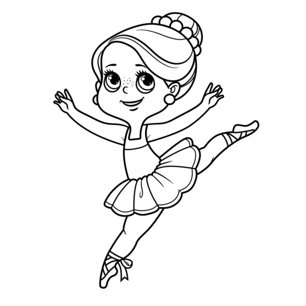 Cute Cartoon Little Ballerina Girl Ballet Stand Outlined Coloring Isolated — Stock Vector