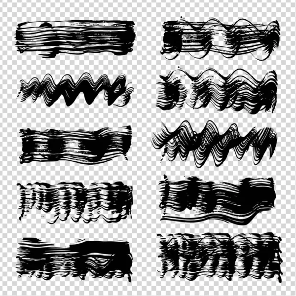 Negro Abstracto Ondulado Recto Zigzag Gruesas Pinceladas Sobre Fondo Transparente — Archivo Imágenes Vectoriales