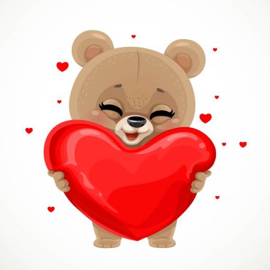 Sevimli çizgi film bebek ayısı sevgiyle sarılıyor beyaz arka planda izole edilmiş büyük, yumuşak, kırmızı bir kalp.