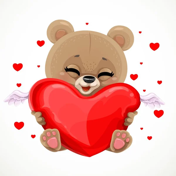 Cute Cartoon Baby Bear Hugs Love Big Soft Red Heart — Stock Vector