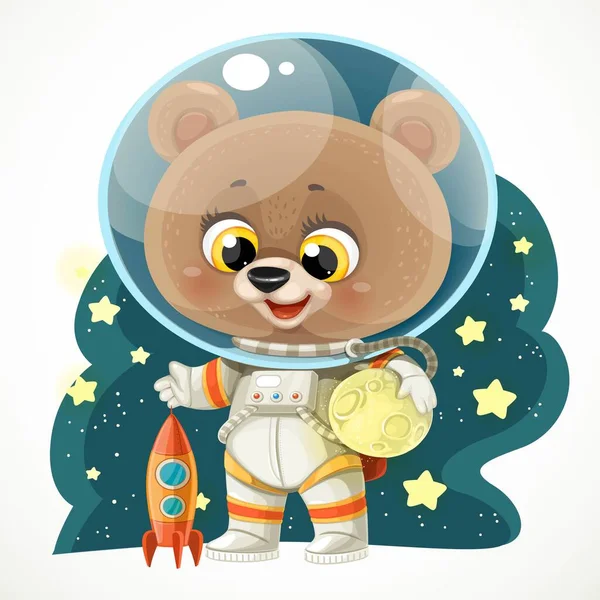 可爱的卡通玩具熊 身穿航天服 手拿着月亮和一枚白色背景的火箭 — 图库矢量图片