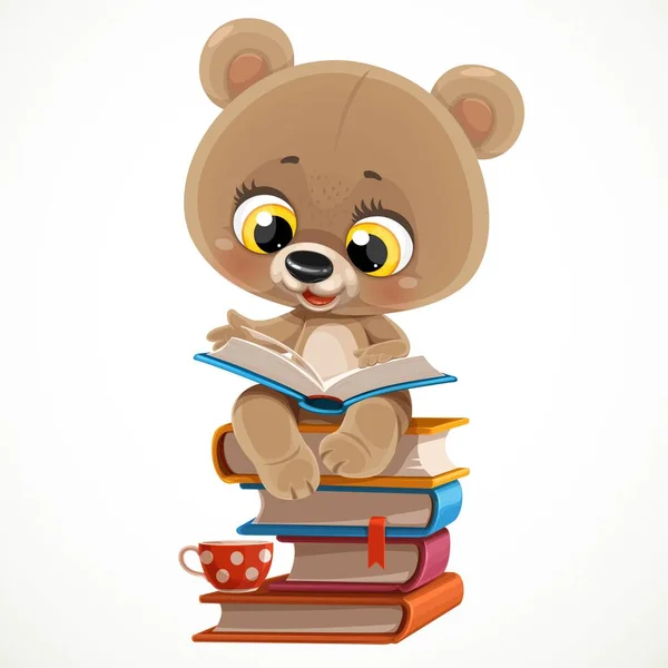 Cute Cartoon Baby Bear Sitting Stack Books Reading Isolated White — Stock Vector