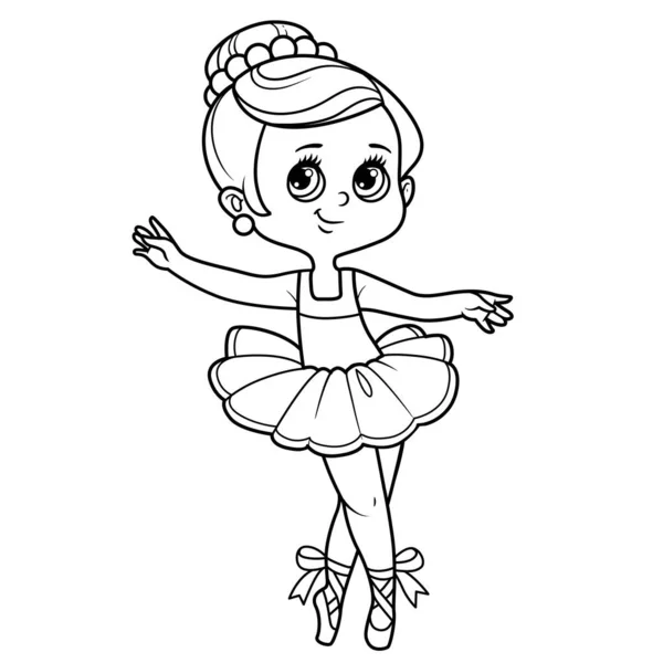 Beautiful Cartoon Little Ballerina Girl Dancing Tutu Outlined Coloring Isolated — Stock Vector