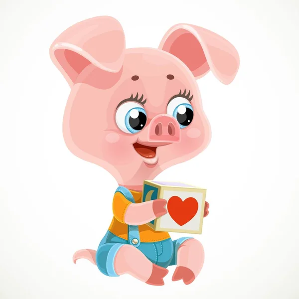 Nettes Cartoon Schwein Hält Einen Spielzeugwürfel Hufen Isoliert Auf Weißem — Stockvektor