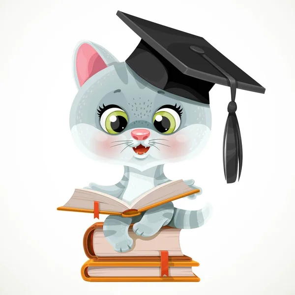 Cute Cartoon Kitten Wearing Graduate Hat Read Book Sit Stack — Stock Vector