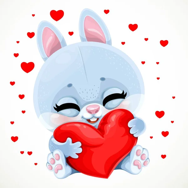 Cute Cartoon Baby Rabbit Hugs Love Big Soft Red Heart — Stock Vector