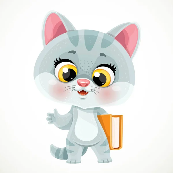 可爱的卡通烟熏灰猫咪抱着一本书 夹在他的胳膊下 白色背景隔离 — 图库矢量图片