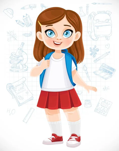 Linda Caricatura Morena Colegiala Con Mochila Azul Aislado Fondo Doodles — Archivo Imágenes Vectoriales