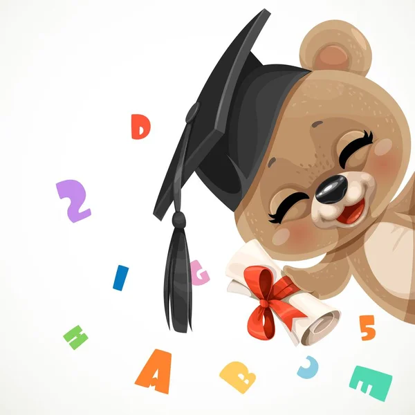 Cute Cartoon Baby Bear Graduate Hat Waving Hand Diploma Isolated — Stock Vector