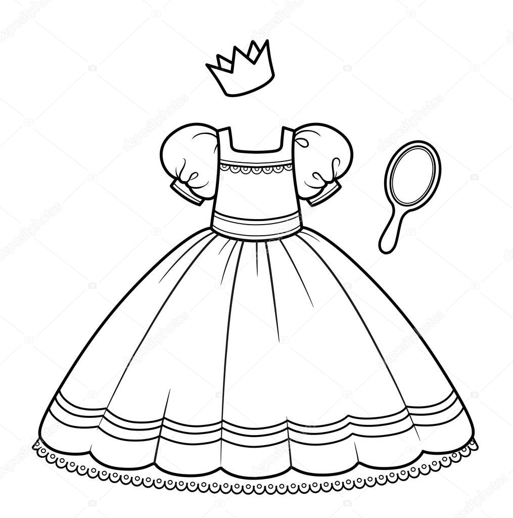 Ball gown with fluffy skirt, hand mirror and crown princess outfit outline for coloring on a white background