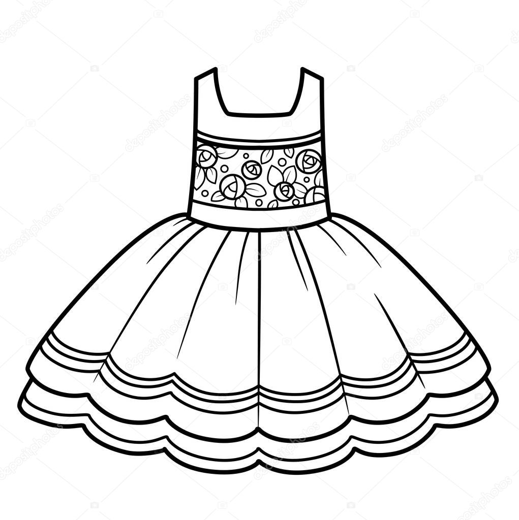 Elegant dress with a fluffy skirt and an ornament of roses on the bodicet outline for coloring on a white background