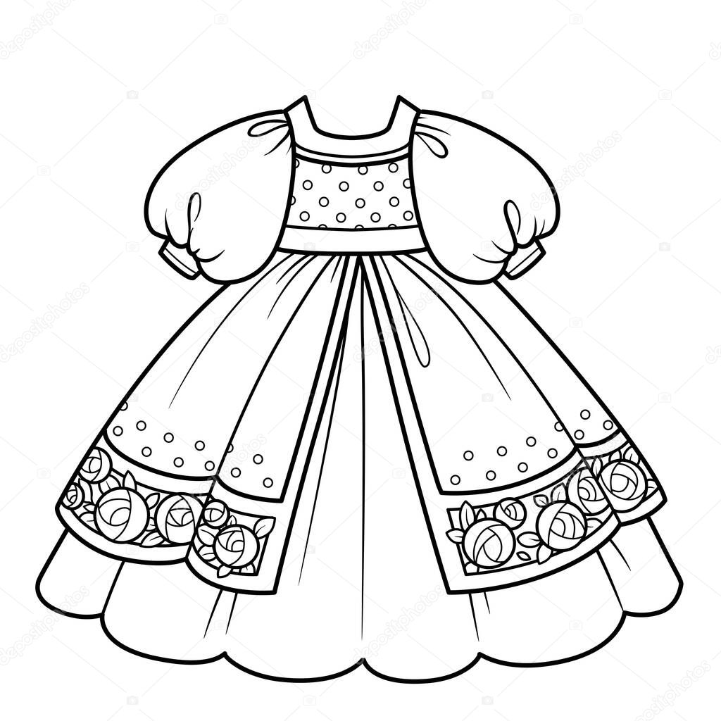Ball gown with lush skirt with embroidered roses for princess outfit outline for coloring on a white background