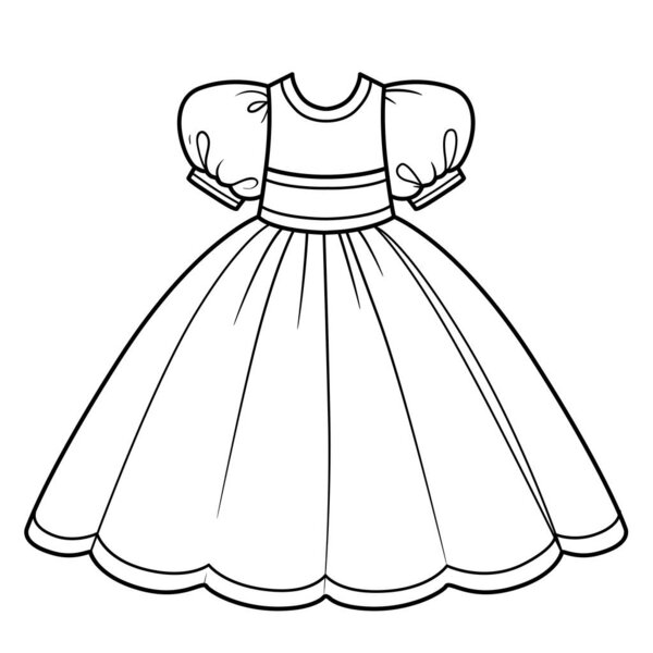 Ball gown with lush skirt outfit outline for coloring on a white background