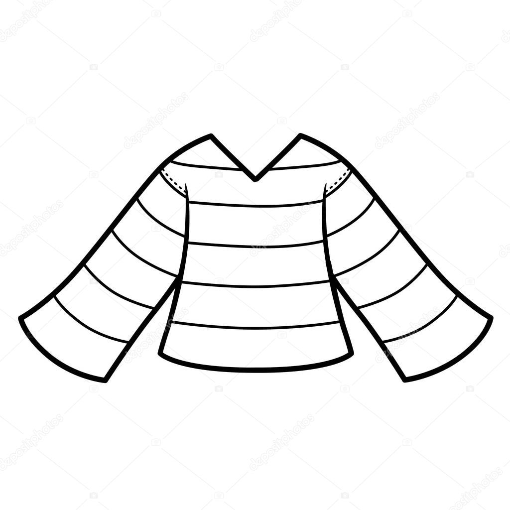 Striped sweater with wide sleeves outline for coloring on a white background