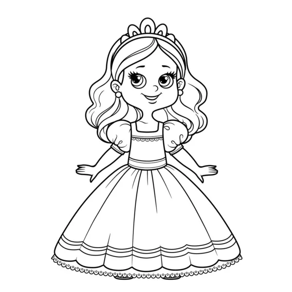 Linda Chica Dibujos Animados Vestido Bola Tiara Contorno Para Colorear — Vector de stock