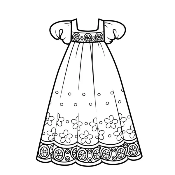 Light Summer Romantic Long Dress Floral Ornament Outline Coloring White — Stock Vector