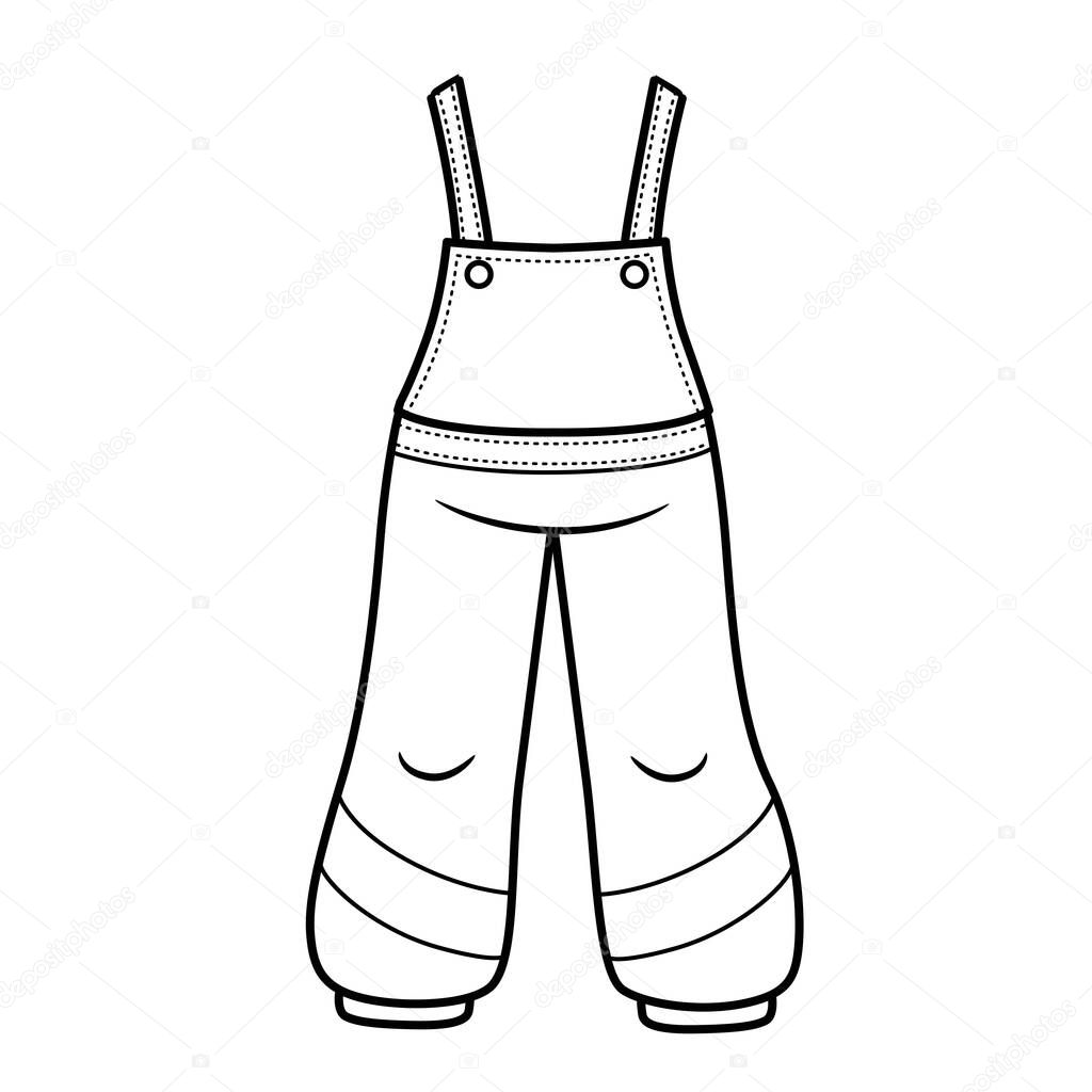winter insulated trousers with straps outline for coloring on a white background
