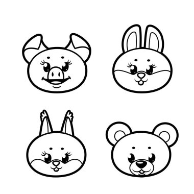 Tatlı çizgi film ağızlık bebek domuz, tavşan, ayı ve sincap özeti beyaz arkaplanı boyamak için.