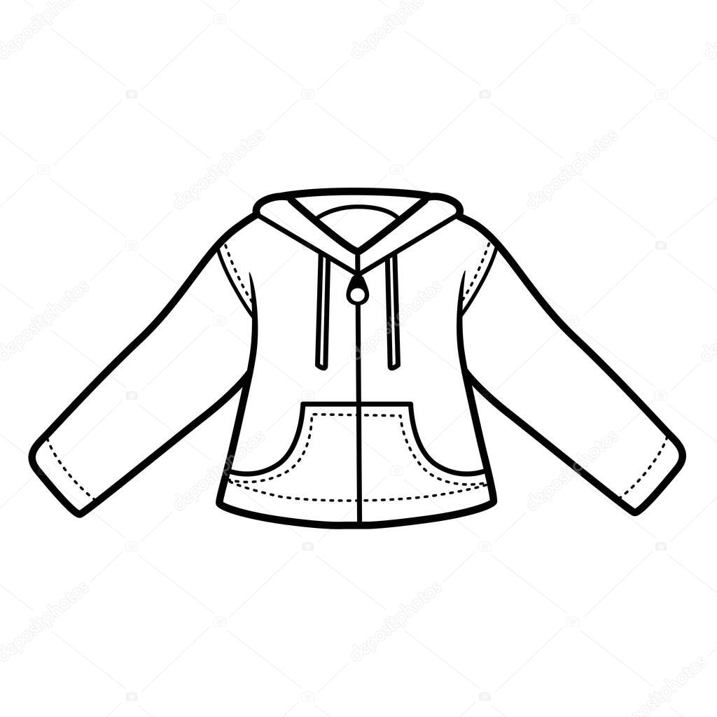 Sweatshirt with kangaroo pockets  outline for coloring on a white background