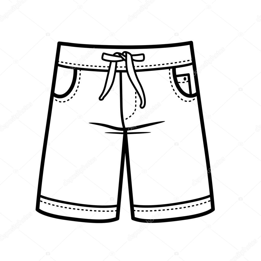 Denim shorts on the drawstring for boy outline for coloring on a white background