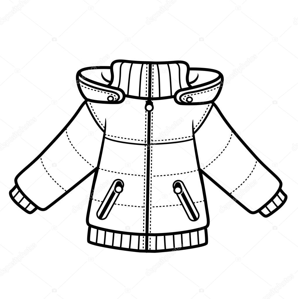 Demi-season padded jacket with hood for boy outline for coloring on a white background